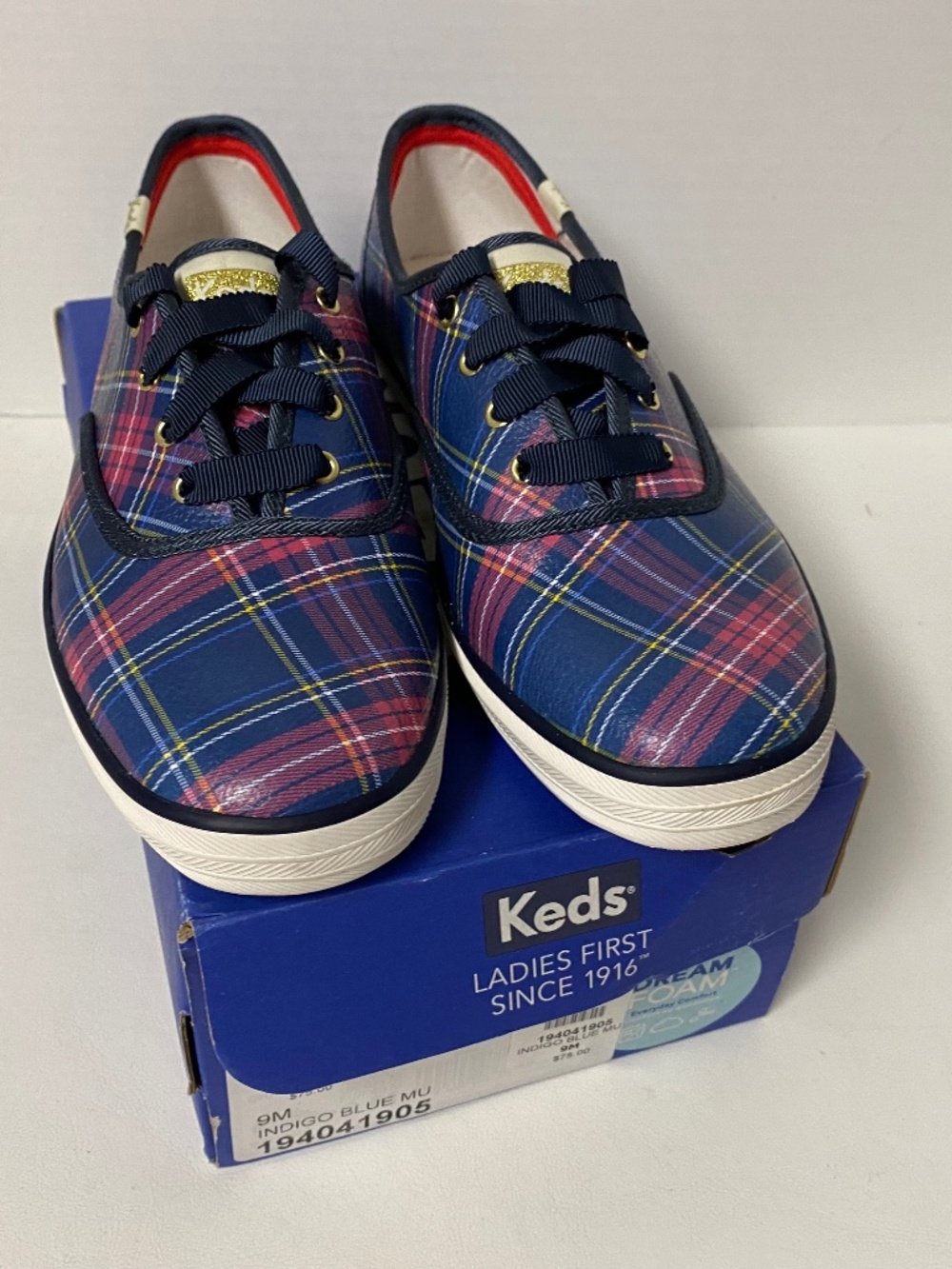 NEW! Keds Talbots Exclusive Size 9M Womens • Plaid Leather Sneakers Pink Blue